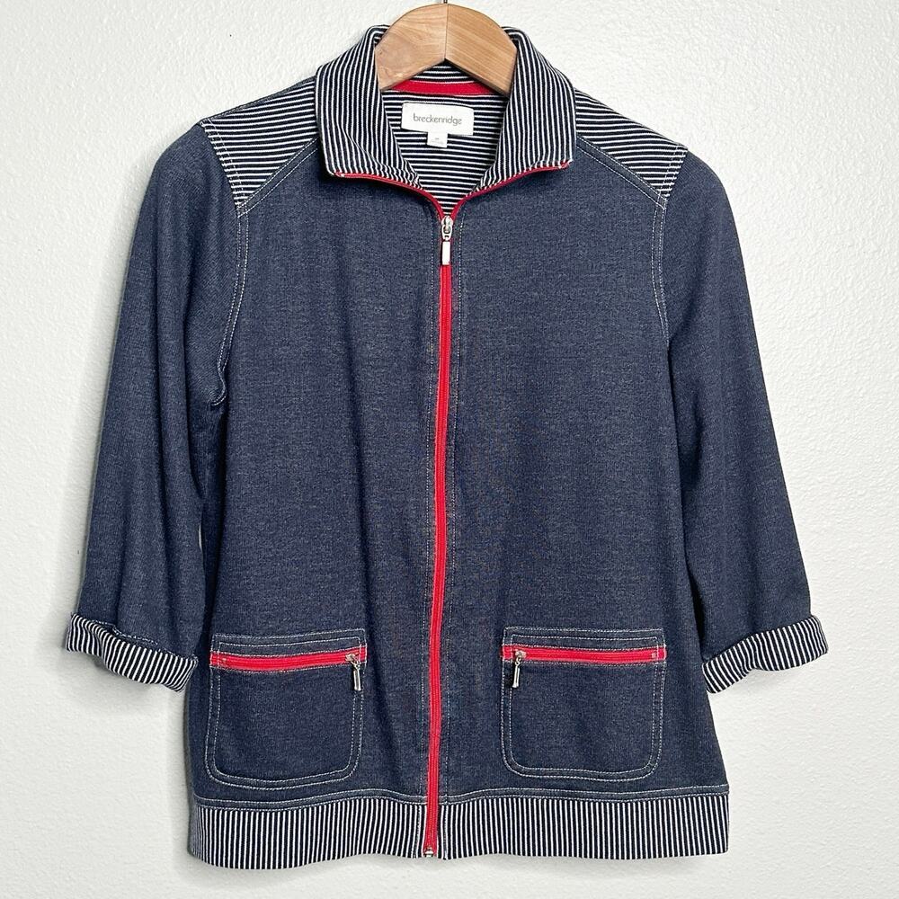 Vintage Breckenridge Nautical Knit Zip Front 3/4 Sleeve Jacket women Size Medium